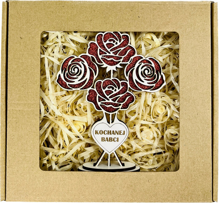 PREZENT NA DZIEŃ BABCI STATUETKA DREWNIANA BUKIET RÓŻ RÓŻA BROKAT UPOMINEK