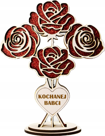PREZENT NA DZIEŃ BABCI STATUETKA DREWNIANA BUKIET RÓŻ RÓŻA BROKAT UPOMINEK