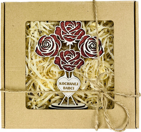 PREZENT NA DZIEŃ BABCI STATUETKA DREWNIANA BUKIET RÓŻ RÓŻA BROKAT UPOMINEK