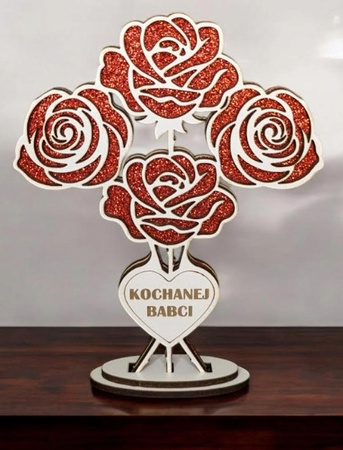 PREZENT NA DZIEŃ BABCI STATUETKA DREWNIANA BUKIET RÓŻ RÓŻA BROKAT UPOMINEK