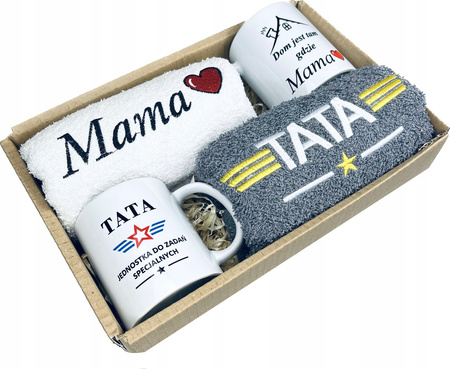 Prezent dla Mamy i Taty Zestaw z Ręcznikami i Kubkami 