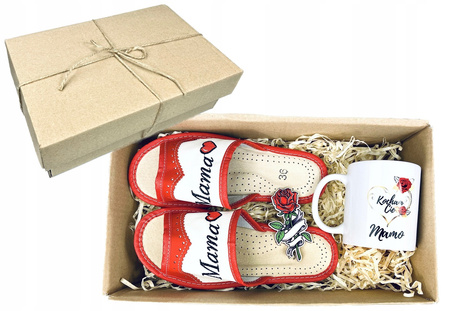 Prezent Dla Mamy Kapcie Skórzane + Kubek + Magnes róża 