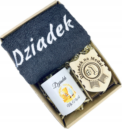 ZESTAW PREZENT NA DZIEŃ DZIADKA KUBEK RĘCZNIK STATUETKA DZIADEK NA MEDAL