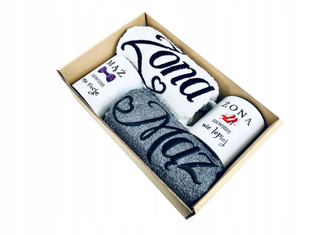 PREZENT NA ŚLUB WESELE KOMPLET RĘCZNIKÓW HAFT KUBEK ŻONA MĄŻ ZESTAW BOX