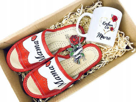 Prezent Dla Mamy Kapcie Skórzane + Kubek + Magnes róża 