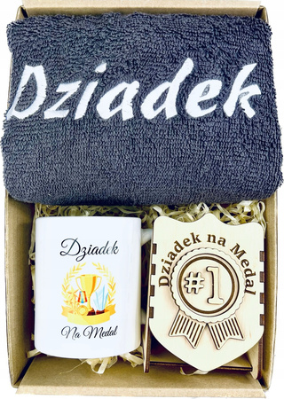 ZESTAW PREZENT NA DZIEŃ DZIADKA KUBEK RĘCZNIK STATUETKA DZIADEK NA MEDAL