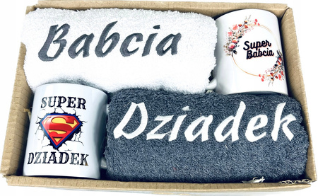 DUŻY PREZENT NA ŚWIĘTA DLA DZIADKÓW ZESTAW RĘCZNIK KUBEK BABCIA DZIADEK