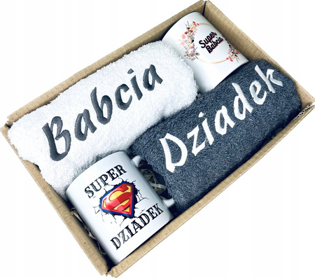 DUŻY PREZENT NA ŚWIĘTA DLA DZIADKÓW ZESTAW RĘCZNIK KUBEK BABCIA DZIADEK