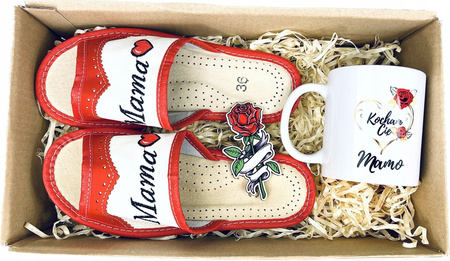 Prezent Dla Mamy Kapcie Skórzane + Kubek + Magnes róża 