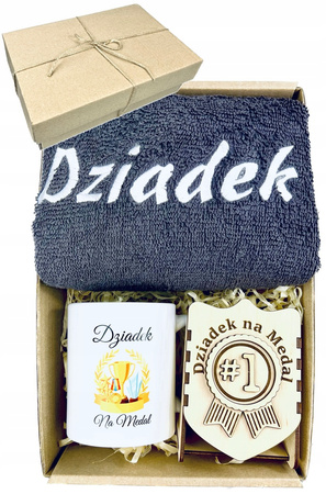 ZESTAW PREZENT NA DZIEŃ DZIADKA KUBEK RĘCZNIK STATUETKA DZIADEK NA MEDAL