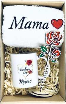 ZESTAW PREZENT NA DZIEŃ MAMY KUBEK + RĘCZNIK + STATUETKA RÓŻA UPOMINEK W PUDEŁKU
